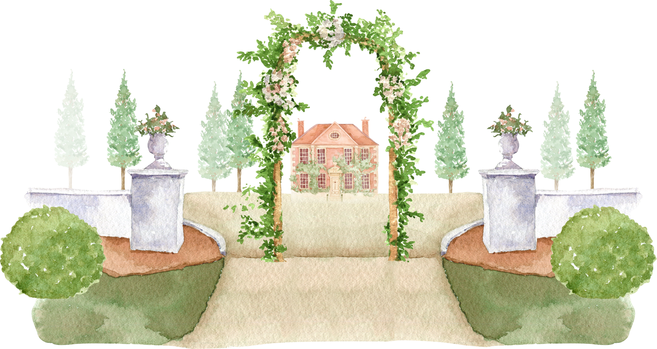 Watercolor wedding arch landscape, wedding venue village design, manor house, rustic wedding, invitation background, vintage architecture, arches, garden, greenery, flowers